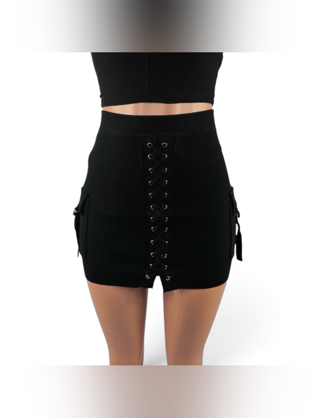 Hera Collection | Dominic High Waisted Ribbed Lace-Up Cargo Mini Skirt